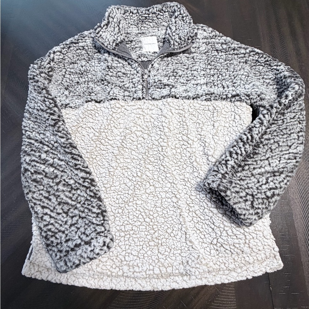 THREAD & SUPPLY Nordstrom Sherpa Pullover Medium Gray Cream 1/4 Zip Cozy Fleece